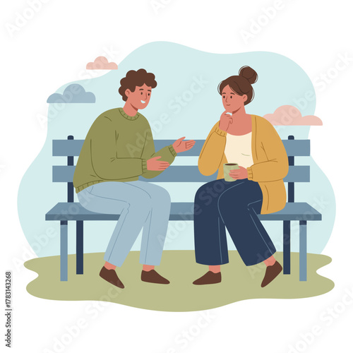 Couple Sitting On A Park Bench Outdoors Talking Each Other With A Coffee Cup In Hand Surrounded By Abstract Shapes And Clouds During Daytime