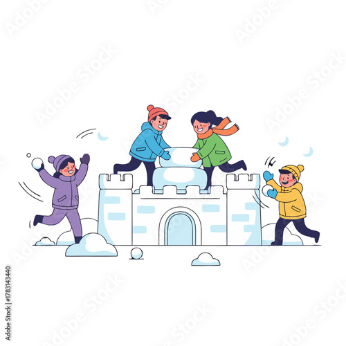 Children In Winter Coats Building A Snow Fort Together During A Snowball Fight In The Snow With Blue Sky And White Snowflakes Falling Down Outdoors