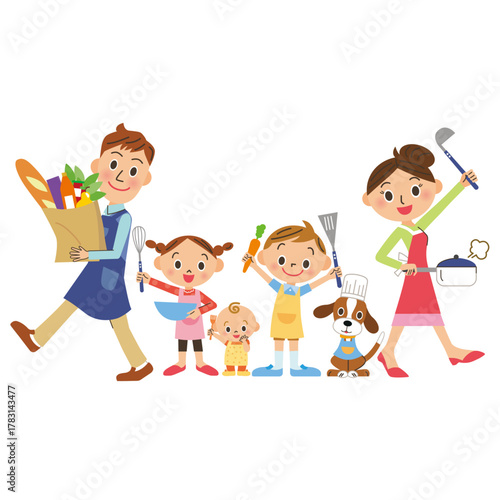 家族が休日に一緒に料理を楽しむ