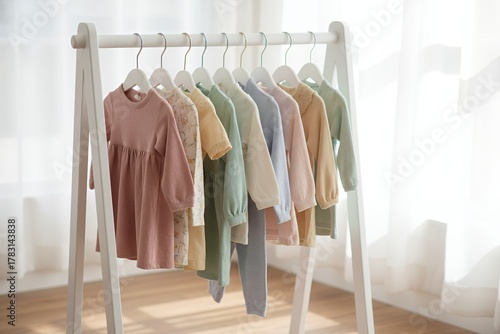 Colorful baby clothes hanging on rack in bright indoor setting second-hand clothing rack