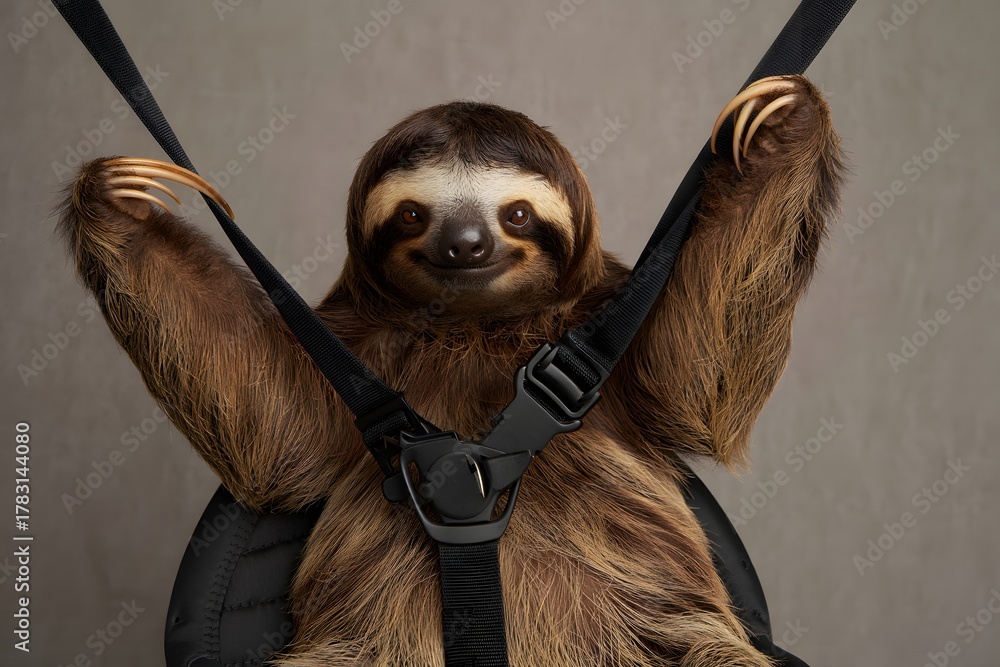 Naklejka premium Sloth in harness looking at the camera with a neutral background behind it