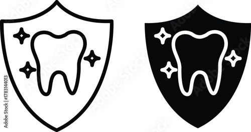 Dental Protection Shield Icon. Strong, Healthy, and Sparkling White Tooth Guard or Vector Silhouette and Pictogram..eps