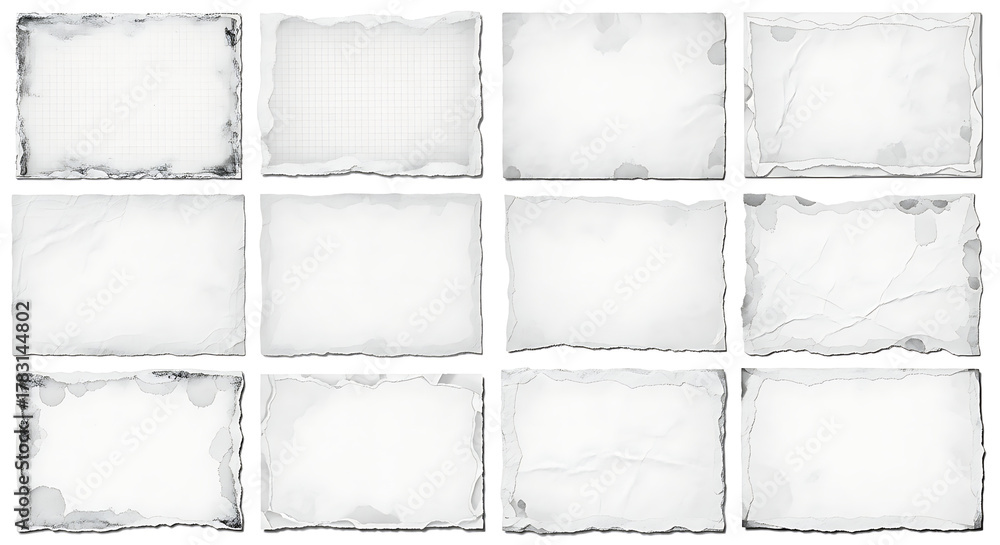 Naklejka premium Collection of twelve distressed vintage paper textures with torn edges