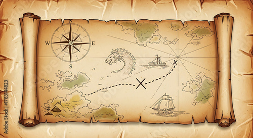 Ancient treasure map with compass rose and x marks the spot