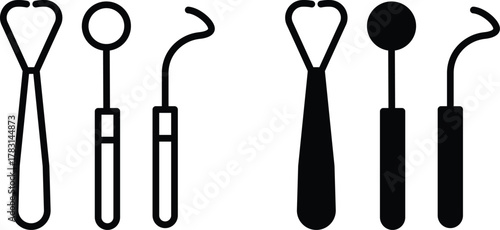 Oral Hygiene Tool Kit Icon. Tongue Scraper, Dental Mirror, and Explorer Set or Vector Silhouette and Pictogram..eps