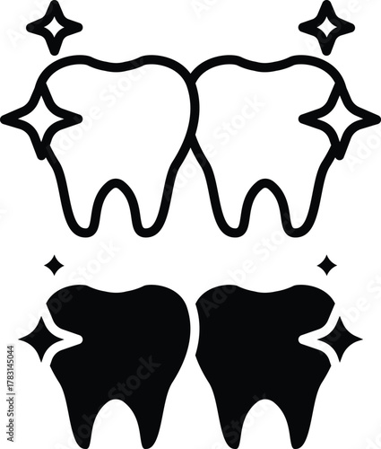 Pair of Sparkling White Teeth Icon. Perfect Oral Hygiene and Bleaching Result or Vector Silhouette and Pictogram..eps