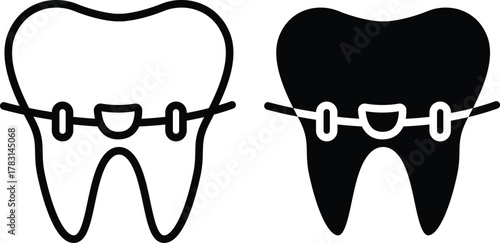 Orthodontic Braces Tooth Icon. Dental Alignment and Teeth Straightening Treatment or Vector Silhouette and Pictogram..eps