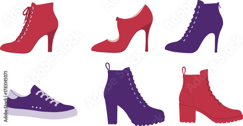 Fashionable red and purple women shoes collection, stylish high heels, ankle boots, and sneakers isolated on white background illustration