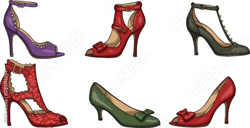 Stylish women high heel shoes collection with bows, straps, pearls and studs, elegant colorful footwear illustration for fashion design