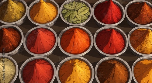 Fototapeta Naklejka Na Ścianę i Meble -  Colorful Spice Display: An eye-level shot showcases an array of vibrantly colored spices, artfully arranged in individual containers, showcasing the diversity of flavors.