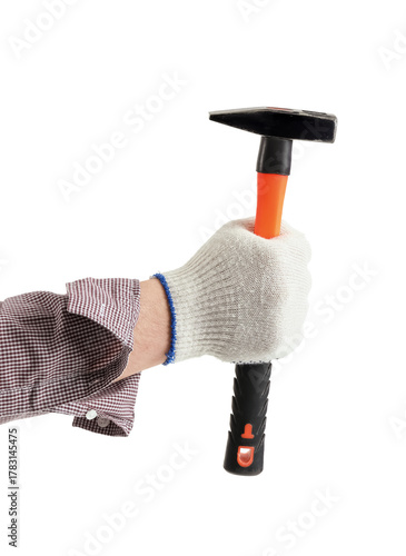 Worker with hammer on white...