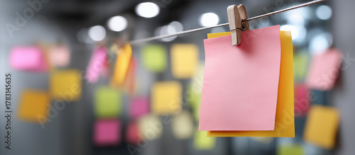 Sticky Note Post It Board Office. Business people meeting at office and use post it notes to share idea. Brainstorming concept. Sticky note on glass wall or blackboard. Set of colorful blank notes.