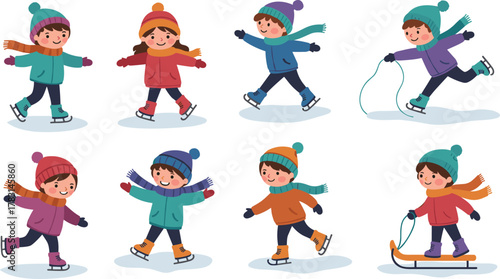 Cartoon children winter fun, ice skating, sled pulling, snow clothes, outdoor activity, movement, cheerful kids, hats, mittens, scarves