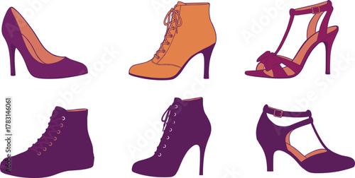 Collection of elegant women shoes including high heels, ankle boots, and sandals isolated vector illustration for fashion design inspiration