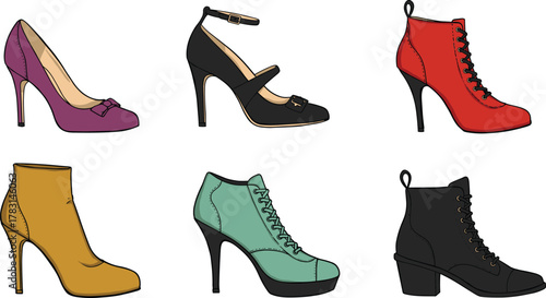 Fashionable women shoes collection featuring high heels, ankle boots, and stylish pumps in colorful vector illustration for modern design
