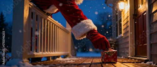 Santa claus delivering a christmas gift to a house doorstep in the snow at night