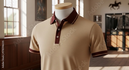 Elegant Polo Shirt on Mannequin in Equestrian Setting.