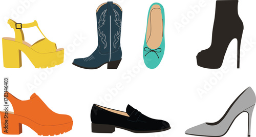 Colorful women’s shoes collection including high heels, cowboy boots, flats, and platform sandals, stylish modern footwear fashion illustration