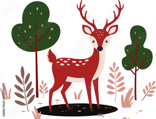 Cartoon deer in forest, nature illustration, woodland animal, antlers, foliage, children’s book art, wildlife, trees, calm, decorative scene