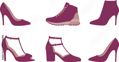 Fashionable women’s shoe collection in flat design, stylish high heels, sandals, ankle boots, and sneakers for modern footwear illustration