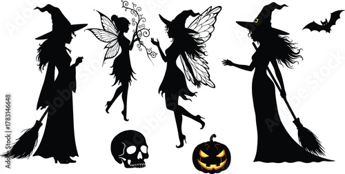 Halloween silhouettes, witch, fairy, skull, pumpkin, bat, spooky illustration, magic wand, flying broom, dark fantasy, black vector icons