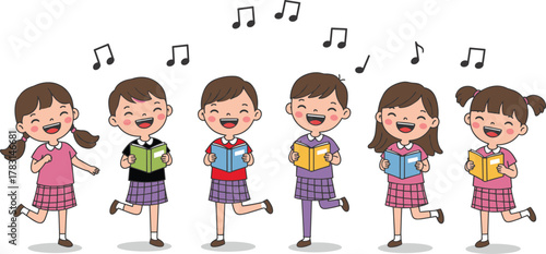 Children singing and dancing, colorful books, joyful music, school activity, rhythm, movement, cheerful kids, education, harmony, performance
