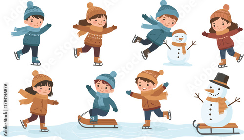 Children winter activities, ice skating, sledding, snowmen fun, colorful clothes, hats, mittens, scarves, outdoor play, cheerful movement
