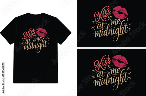 Black t shirt mockup featuring a romantic kiss at midnight design