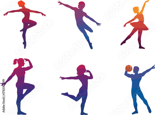 Colorful silhouette dancers and athletes performing creative poses, modern gradient art design representing motion, energy, and active lifestyle illustration