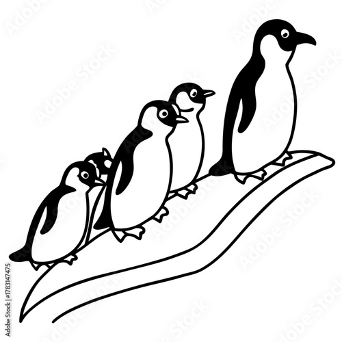 A family of penguins standing in a line on a branch