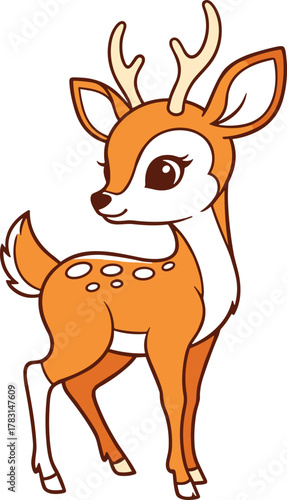 Cute cartoon baby deer standing with antlers, adorable forest fawn illustration for children, wildlife character design, woodland animal art