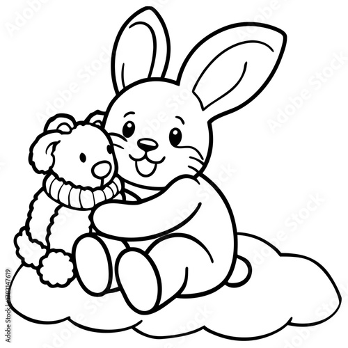 Cute cartoon bunny hugging a teddy bear on a cloud