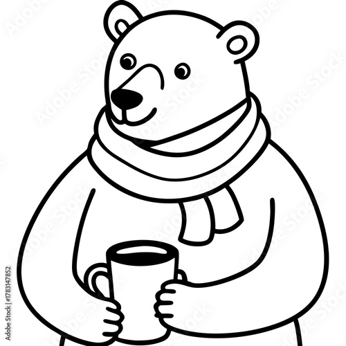 Cute polar bear wearing a scarf holding a hot drink