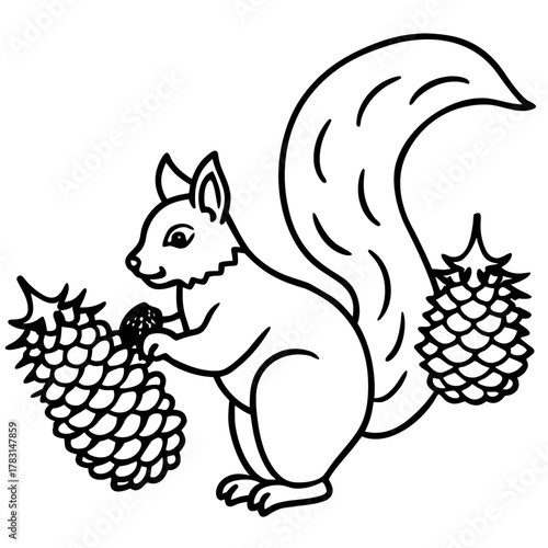 Cute squirrel holding a pinecone with another pinecone nearby