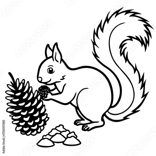 Cute squirrel holding a pinecone with seeds