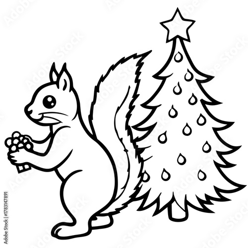 Cute squirrel holding berries next to a decorated christmas tree