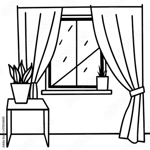 Simple line drawing of a window with curtains and potted plants