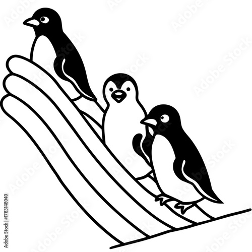 Three cute penguins sliding down a rainbow slide