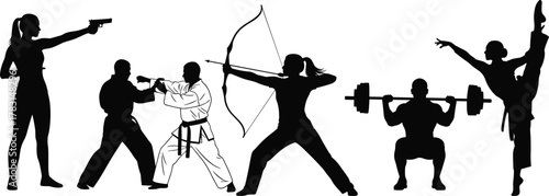 "Silhouette of athletes in action, martial arts, shooting, archery, weightlifting, dance, fitness, training, sports, discipline, motion, strength"