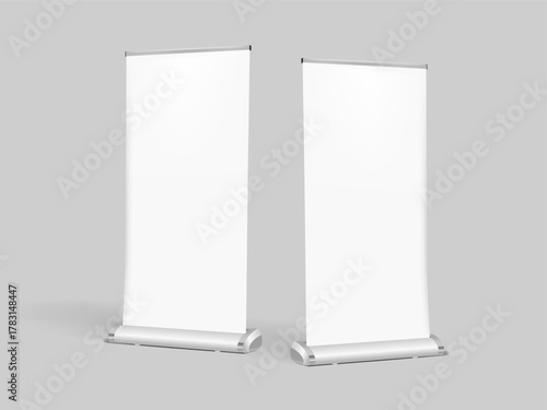 Two roll-up banner mockups on a gray background. Vector illustration.