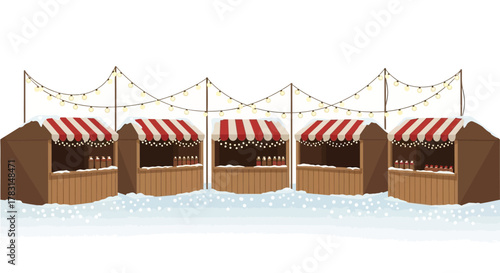 A row of charming wooden market stalls with red and white striped awnings, decorated with festive string lights, set up in a snowy outdoor environment.
