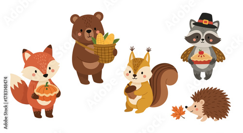 Thanksgiving-themed illustration featuring a fox, bear, squirrel, raccoon, and hedgehog, all holding autumn harvest items.