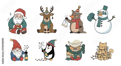A charming collection of eight festive Christmas characters, including Santa, a reindeer, a penguin, a snowman, a gnome, a cat, and a mole, all depicted in a whimsical, hand-drawn style.