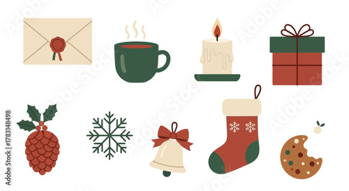Christmas themed icons: envelope, hot drink, candle, gift, pinecone, snowflake, bell, stocking, cookie.