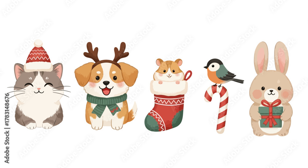 Fototapeta premium Cute cartoon animals celebrating Christmas, including a cat, dog, hamster, bird, and rabbit with festive accessories.