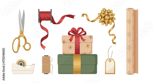 Collection of gift wrapping supplies, including ribbons, scissors, tape, and gift boxes.
