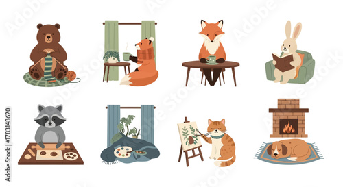 Collection of cartoon animals enjoying indoor activities like knitting, reading, painting, and relaxing by the fireplace.