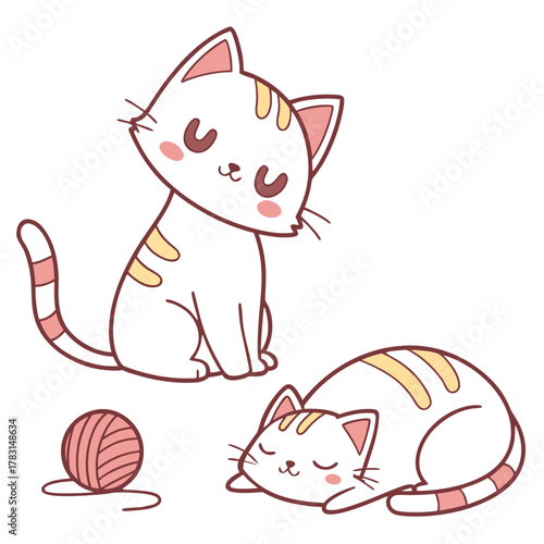 Playful Kittens' Dream: Two adorable kittens, one awake and the other asleep, are featured in a sweet cartoon illustration, with a ball of yarn, creating a cheerful and heartwarming scene.