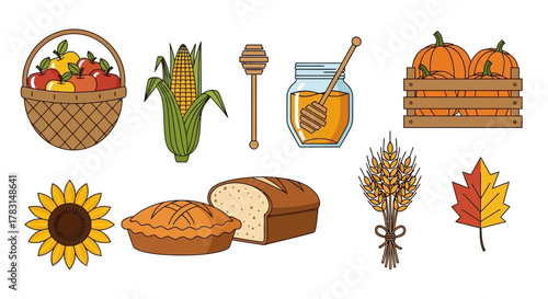 A collection of harvest-themed illustrations including fruits, vegetables, baked goods, and autumn leaves.