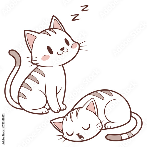 Whimsical Feline Duo: Two adorable kittens are in a cozy scene, with one kitten napping soundly and the other gazing with curiosity and affection.